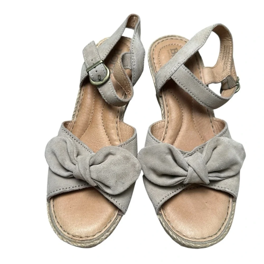 Born Women’s 7 Beige Bow Espadrille Leather Open Toe Wedge Sandal